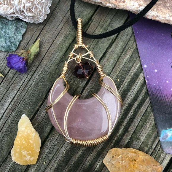 Wire Wrapped Rose Quartz Crescent Moon Crystal Necklace - Picture 10 of 14